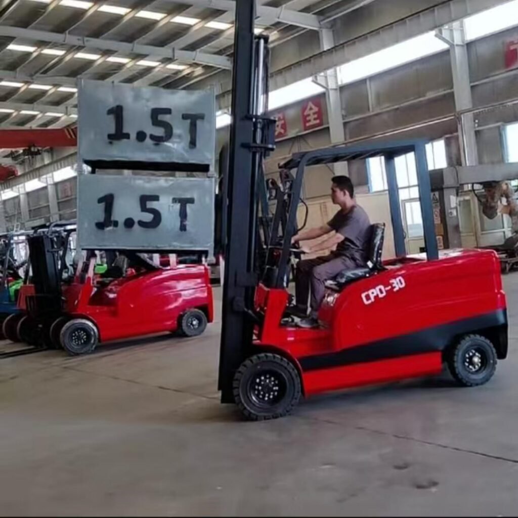 Worker testing 3 ton electric forklift before shipment