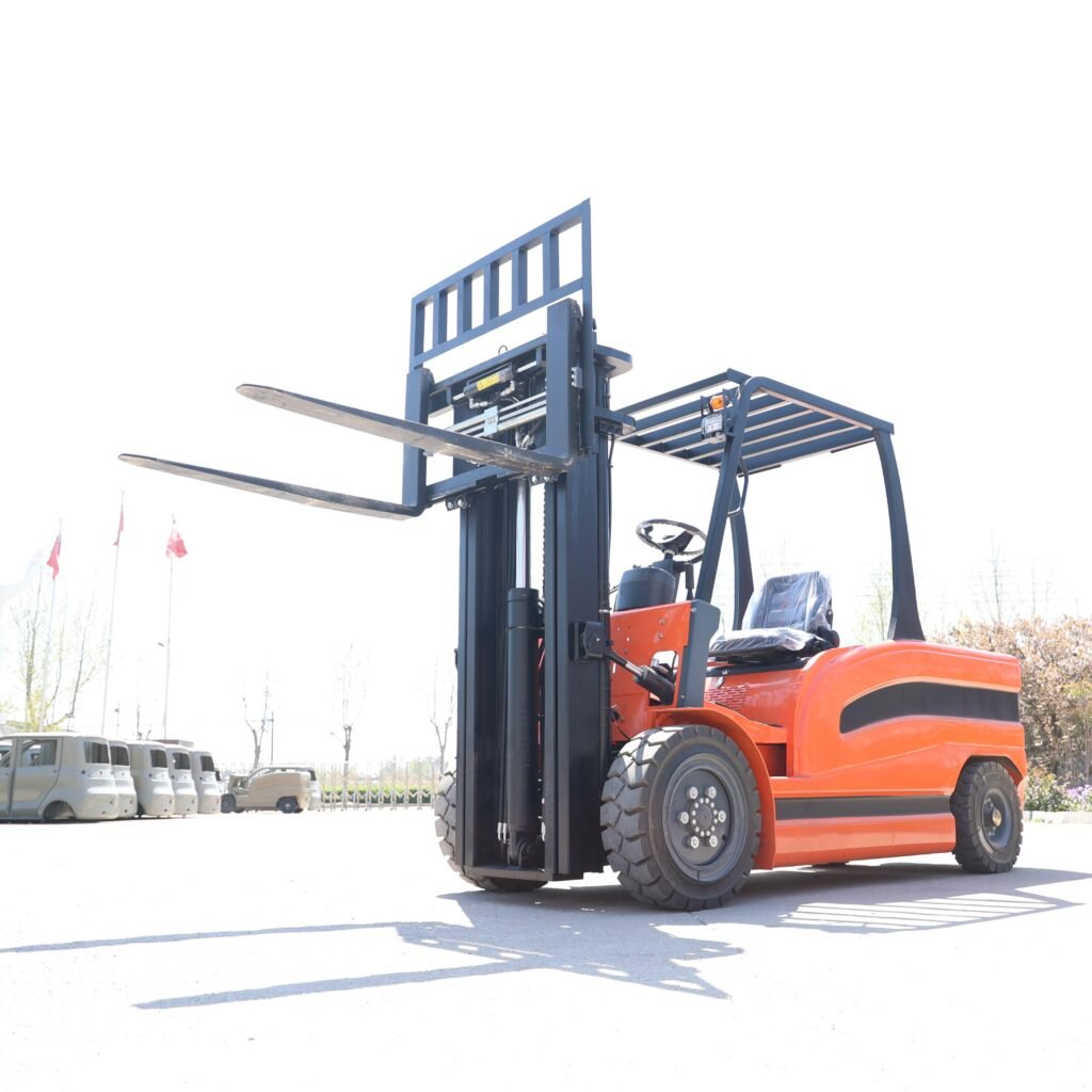Front oblique outdoor shot of MIWO CPD‑50 forklift with forward forks