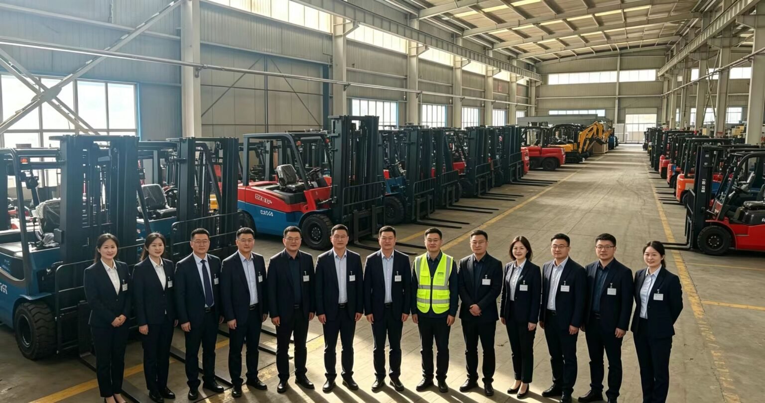 MIWO GROUP sales and engineering team in electric forklift factory workshop